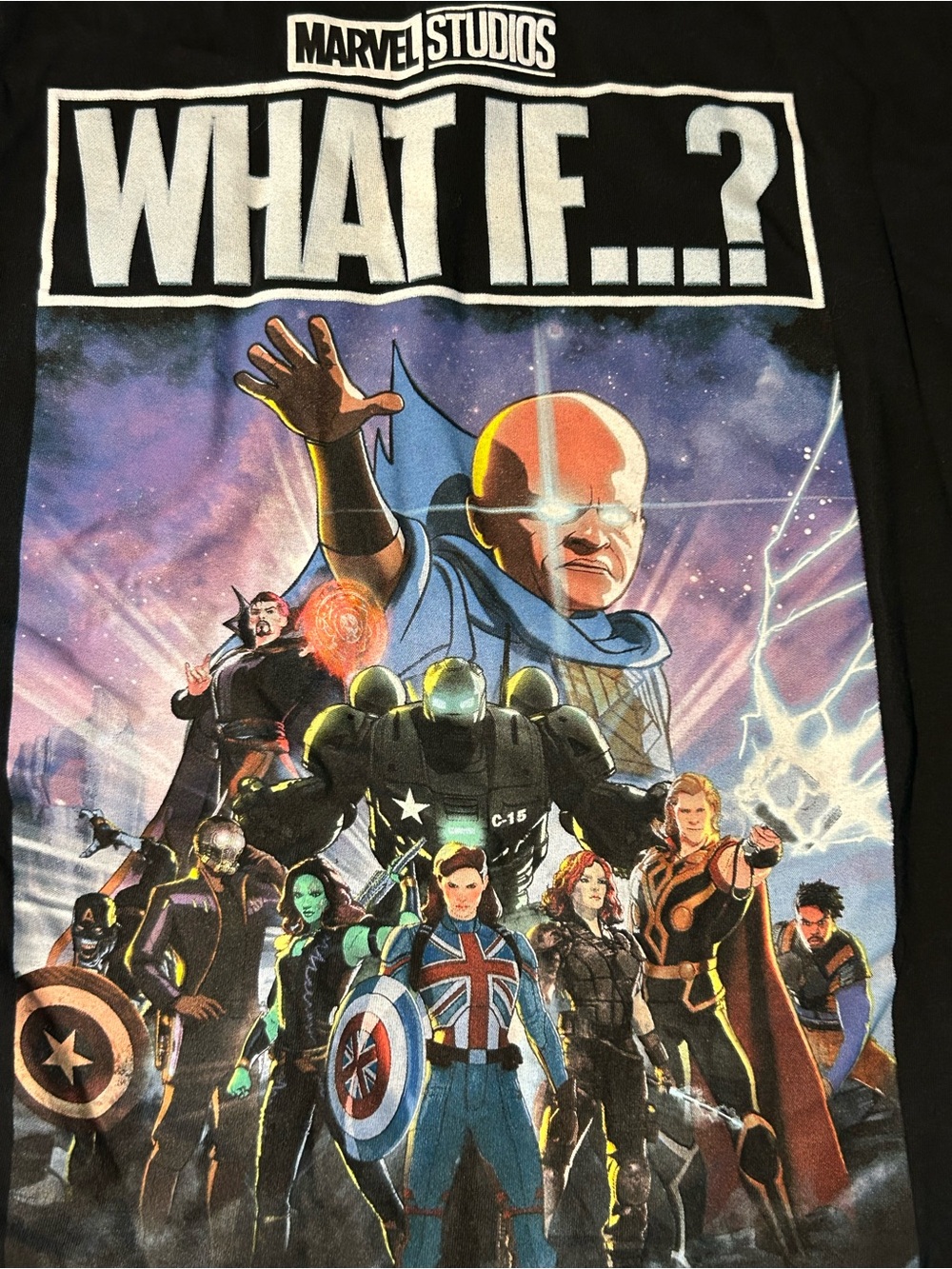 Marvel What If...? Black Tee with Multicolor Hero Graphic